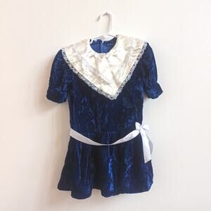 Vtg 90s Handmade Dress Blue Crushed Velvet Drop Waist Girls Sz 4-6